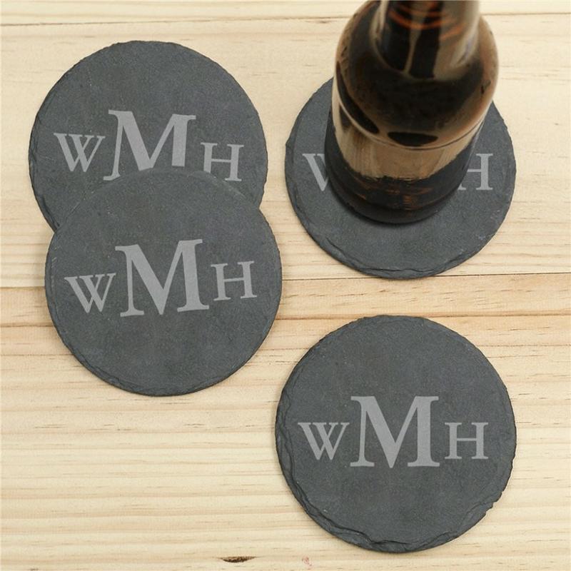 Dinnerware & Serveware | Set Of 4 Round Monogram Slate Coasters Dinnerware & Serveware Dinnerware & Serveware