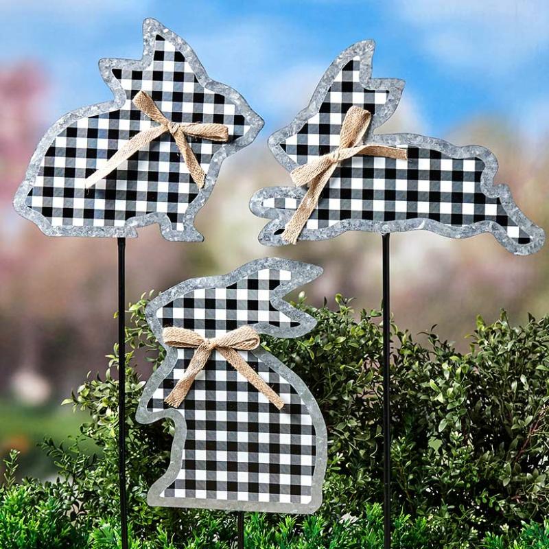 Garden Accents | Galvanized Gingham Bunny Stakes Garden & Outdoors Garden Accents