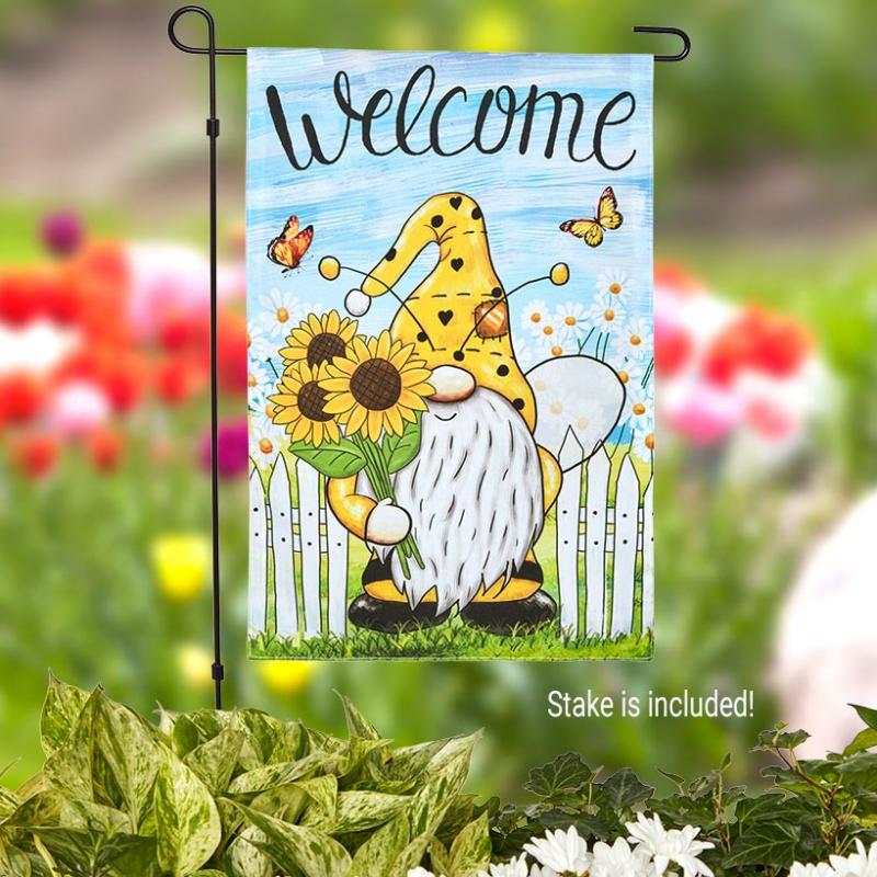 Outdoor Decor | Bee Gnome Welcome Garden Flag With Metal Pole Garden & Outdoors Garden Accents