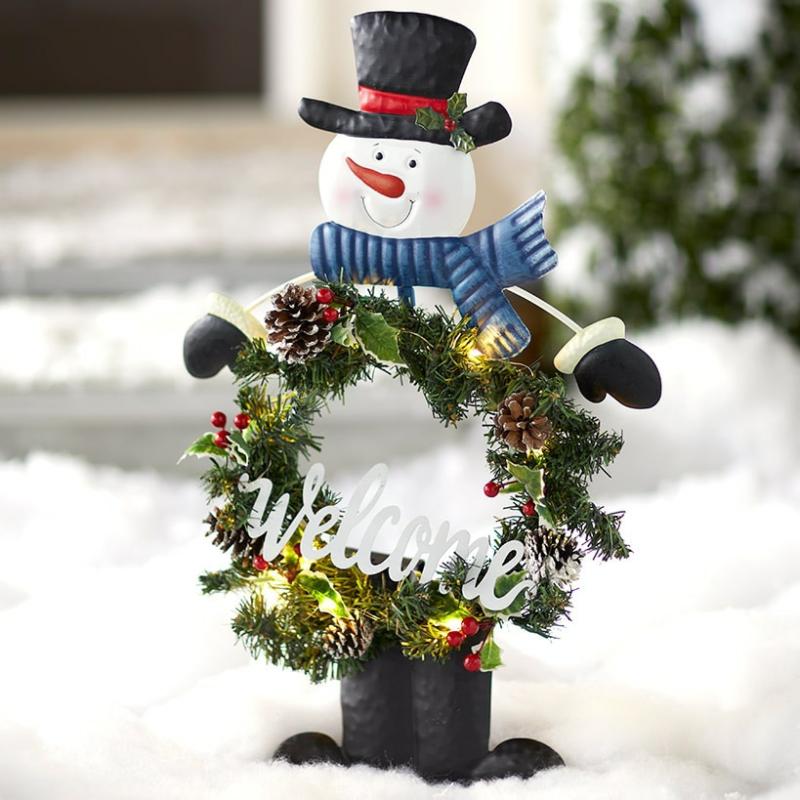 Outdoor Decor | Solar Snowman Stake With Monogram Wreath Garden & Outdoors Garden Accents