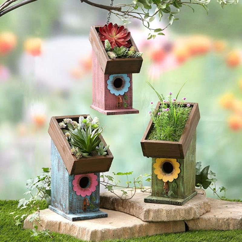 Outdoor Decor | Wood Birdhouse Planters Garden & Outdoors Blue