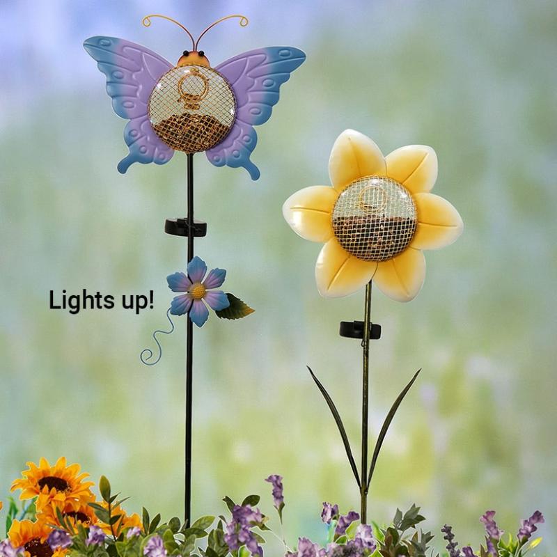 Solar & Outdoor Lighting | Metal Butterfly And Flower Birdfeeder With Solar Stake Garden & Outdoors Garden Accents