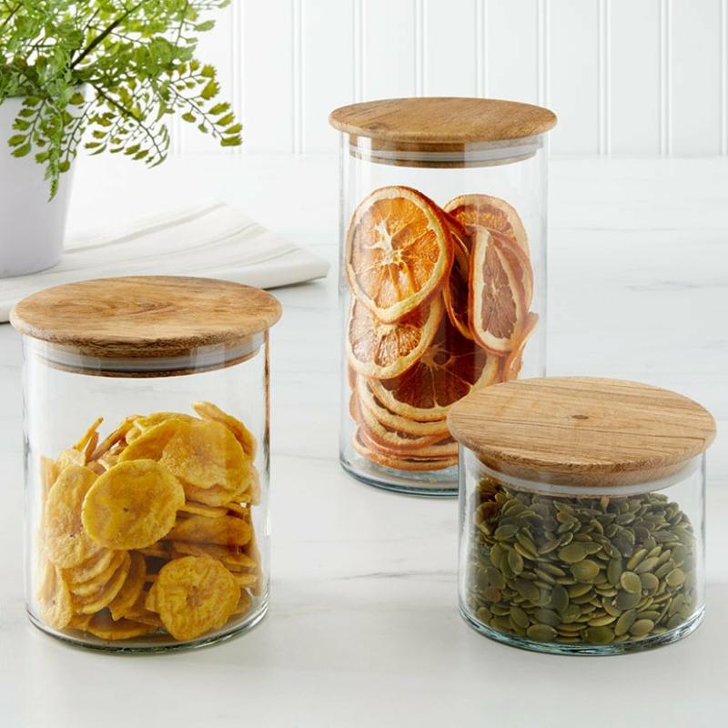 Storage & Organization | Set Of 3 Canisters With Wood Lids Kitchen & Dining Storage & Organization