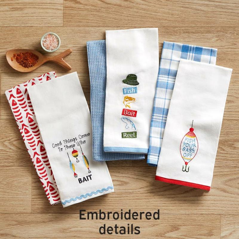 Kitchen & Table Linens | Set Of 2 Embroidered Gone Fishing Kitchen Towels Kitchen & Dining Kitchen & Table Linens